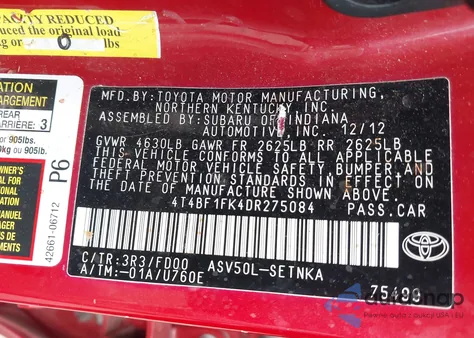 2013 Toyota Camry Le из США, поврежденный, VIN 4T4BF1FK4DR275084